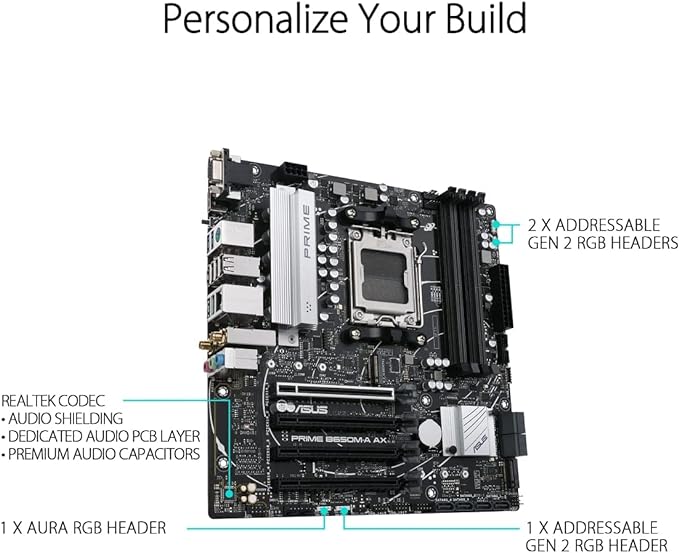ASUS Prime B650M-A AX AMD B650(Ryzen 7000) Micro-ATX Motherboard(DDR5,PCIe 5.0 M.2,2.5Gb LAN,Wi-Fi 6, DP,USB 3.2 Gen 2 Ports,Front USB 3.2 Gen 1 Type-C®, BIOS Flashback™, CEC Tier II Ready) ASUS Prime B650M-A AX AMD B650(Ryzen 7000) Micro-ATX Motherboard(DDR5,PCIe 5.0 M.2,2.5Gb LAN,Wi-Fi 6, DP,USB 3.2 Gen 2 Ports,Front USB 3.2 Gen 1 Type-C®, BIOS Flashback™, CEC Tier II Ready)
